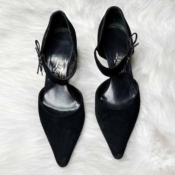 Salvatore Ferragamo Suede Pointed toe Kitten Heels Black Bow Tie Ankle Size 9.5 - Picture 1 of 11